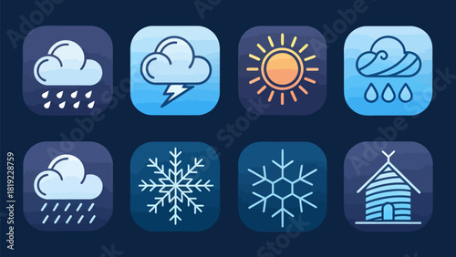 Weather forecast icons set for app design, showing sun, snow, rain and storm weather with house icon