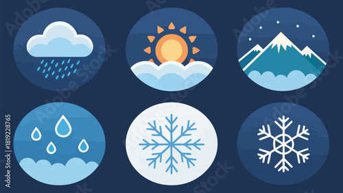 Weather forecast icons collection, seasonal weather conditions and climate concept, nature elements