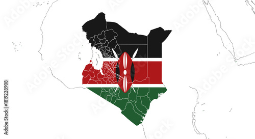 Detailed map of Kenya featuring its national flag and administrative divisions, set against a simplified map of Africa