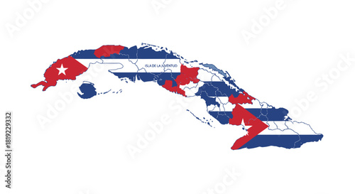 Map of Cuba with its national flag superimposed, showing internal provincial divisions.