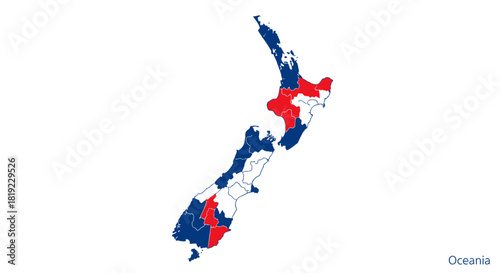 A map of New Zealand with its regions colored in blue, red, and white, isolated on a plain background.