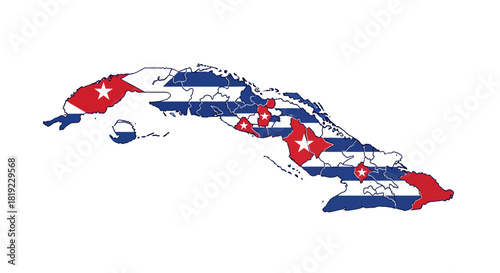 Map of Cuba with the national flag design overlaid on the country's outline.