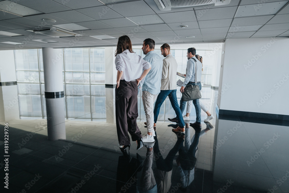 © qunica.com - Several coworkers move along a glossy, modern office corridor, carrying bags and files as they walk together, reflecting teamwork, planning, and everyday business life.