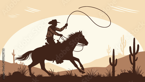 Vintage western scene of cowboy riding horse with lasso in desert, capturing wild west spirit, ideal for themed events and rustic decor, scalable vector graphic