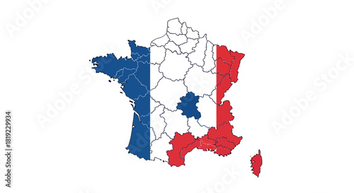 Map of France with regions colored in the French flag colors.