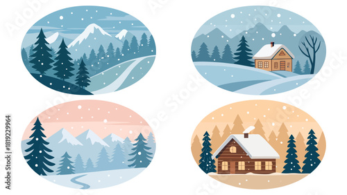 Charming winter scenes in oval designs featuring snowy landscapes, cabins, and pine trees for holiday creations