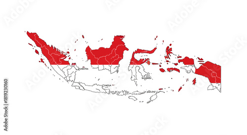 Map of Indonesia with the national flag's red and white color scheme, showing the country's geographical outline.