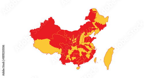 Map of China with provinces colored in red and yellow, showing geographical regions.