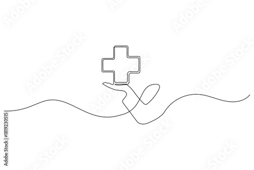 Hand holding medical cross continuous single line art