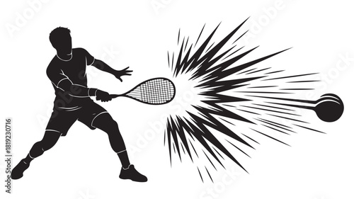 Dynamic squash player silhouette smashing ball with explosive speed, perfect for sports advertising or fitness campaigns, conveying power, energy, and competitive spirit, action packed