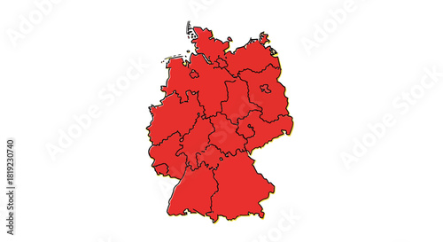 A detailed map of Germany, highlighting its states with a solid red color.