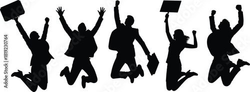 Business team jumping in celebration, silhouette of success, teamwork, motivation, achievement, career growth, leadership, energy, joy, professional triumph