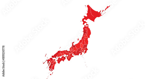 Red map of Japan showing the country's prefectures and islands.