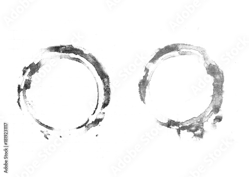 Round coffee cups stains isolated.  Cup black ring splashes and circle stamps. 