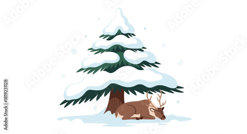 Peaceful reindeer sleeping comfortably under the shelter of a large, snow-covered pine tree during a gentle snowfall.