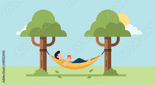 Person relaxing and reading a book in a yellow hammock strung between two green trees on a peaceful, sunny summer day.