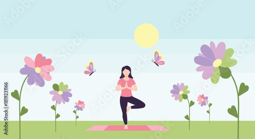 Woman practicing the tree pose yoga position on a mat in a beautiful spring meadow filled with colorful flowers and butterflies.