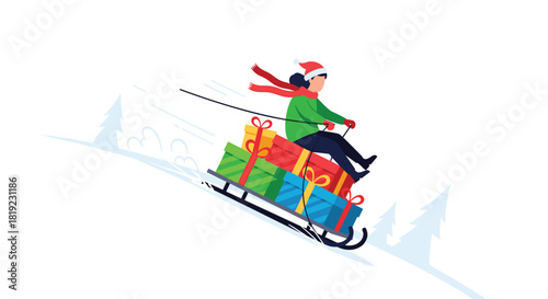 Joyful person wearing a Santa hat and scarf sledding quickly down a snowy hill with a large pile of Christmas gifts.