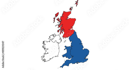 Map of the United Kingdom showing the countries of Scotland, England, and Ireland.