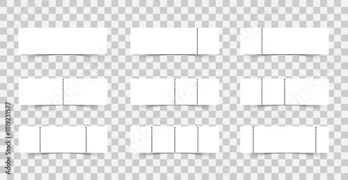 Set of blank white tickets or coupons with perforation and shadows on a transparent background. EPS 10