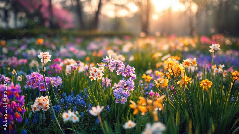 Obraz premium Spring meadow with pastel-colored primroses in sunrise