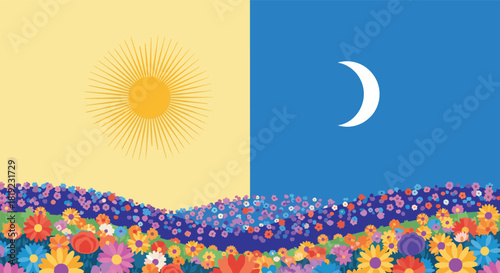 Conceptual landscape of a vibrant flower field split into two halves, one showing a bright sunny day and the other a peaceful night.