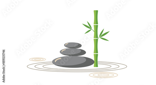 Minimalist zen garden illustration featuring a balanced stack of smooth grey stones and a green bamboo stalk with water ripples.