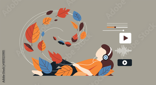 Relaxed person listening to music on headphones while lying among a swirl of colorful autumn leaves and media icons.