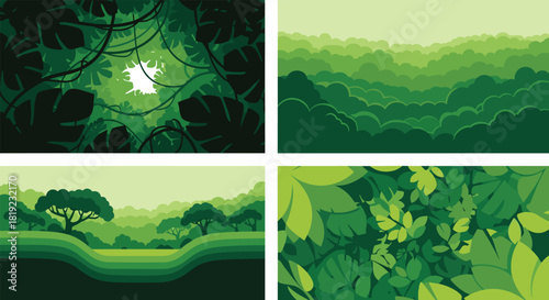 Four variations of green jungle and forest backgrounds showing dense foliage, layered hills, and abstract leaves.