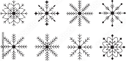 Eight intricate black snowflake shapes create diverse, striking winter patterns against a white canvas