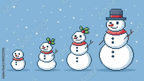 Pixelated snowmen family growing from tiny to tall in a happy winter snow scene, pixel art holiday fun