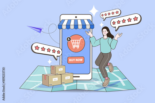 Happy woman near mobile shop on map with packages and five star reviews. Concept of online shopping delivery and customer satisfaction. Vector illustration of top rated ecommerce service.