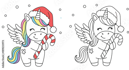Christmas coloring page of cute cartoon winged unicorn wearing Santa hat and holding candy cane, vector illustration with color and black and white outline versions for children activity