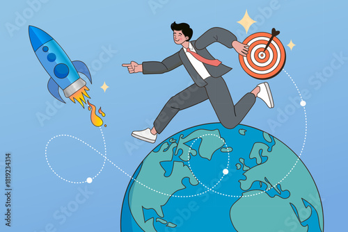 Happy businessman running on top of the globe holding a target board. Concept of global business startup success and fast growth with a rocket launch. Vector illustration of leadership and ambition.