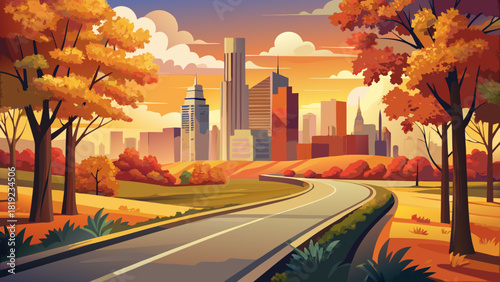 Very beautiful scenic autumn route leading toward Oklahoma City, showcasing a warm sunset sky, vibrant seasonal foliage, and the modern skyline glowing softly in the golden evening light.