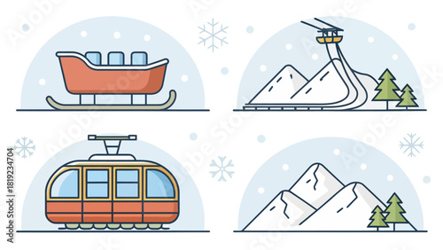 Charming winter wonderland icons showcasing a sleigh, gondola, and snowy mountains for holiday designs