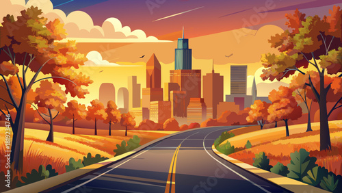 Very beautiful scenic autumn route leading toward Oklahoma City, showcasing a warm sunset sky, vibrant seasonal foliage, and the modern skyline glowing softly in the golden evening light.
