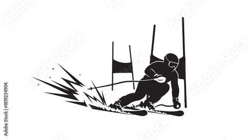 Experience the thrill of downhill skiing with this striking silhouette of a skier racing through the gates, perfect for winter sports promotions and exciting outdoor adventures