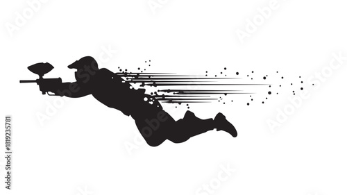 Dynamic paintball player silhouette in action, perfect for sports branding, team logos, or extreme sports designs, showcasing speed and intensity of competitive gaming