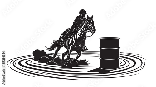 Dynamic black and white silhouette of a horse and rider competing in a barrel racing event, capturing the speed and skill of rodeo sports with a classic barrel racing scene