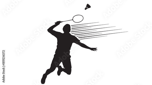 Dynamic silhouette of a badminton player in mid air smash, conveying energy and athleticism for sports themed designs or active lifestyle campaigns, perfect for posters and fitness promotions