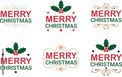 Six unique merry christmas badges and logos with holly, stars, and decorative flourishes for festive season designs