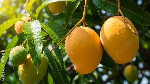Ripe yellow mangoes glistening with water droplets hanging from a tree branch surrounded by lush 4K Ai HD high quality video.
