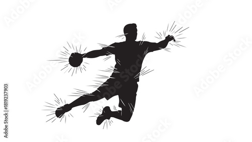 Dynamic handball player silhouette soaring through the air, ready to score with powerful throw, sports action shot, strong athlete illustration, energetic competitive sport, team spirit