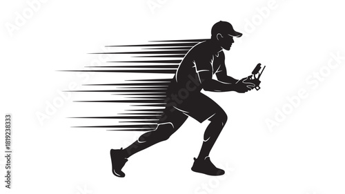Dynamic silhouette of a man running with a drone controller, conveying speed and innovation in drone technology and modern hobbies, perfect for tech blogs and sports related content