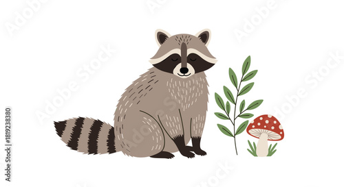 Cute cartoon raccoon sitting next to a mushroom and a leafy branch on a white background.