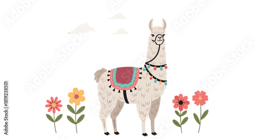 A light-colored llama with a colorful blanket and festive lights stands among flowers and clouds.