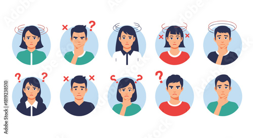 Collection of illustrated avatars expressing confusion and doubt with question marks and cross symbols.