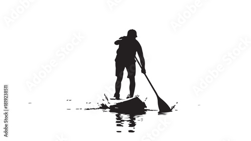 Dynamic silhouette of paddle boarder gliding across calm water for active lifestyle marketing, conveying peaceful exercise and summer vibes, perfect for travel or outdoor adventure ads