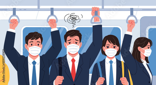 Commuters in face masks holding onto handrails during a crowded subway ride.